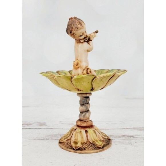 Cherub Playing Flute Pedestal Compote Bird Bath Dish 4" - Picture 2 of 4